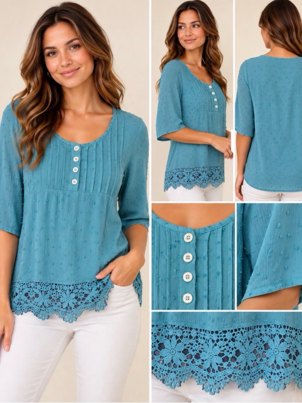 NWT Papillon Teal Swiss Dot Crochet Lace Hem Blouse XS